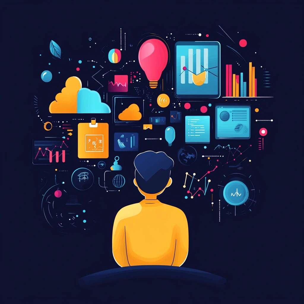 An illustration of a man thinking about different online services and seo metrics