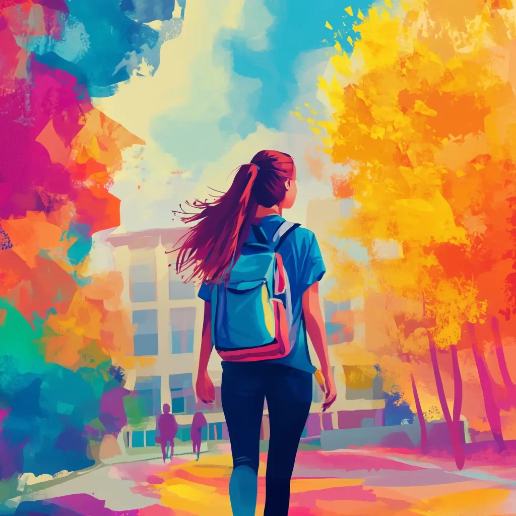 A girl watching with a school backpack on a college campus