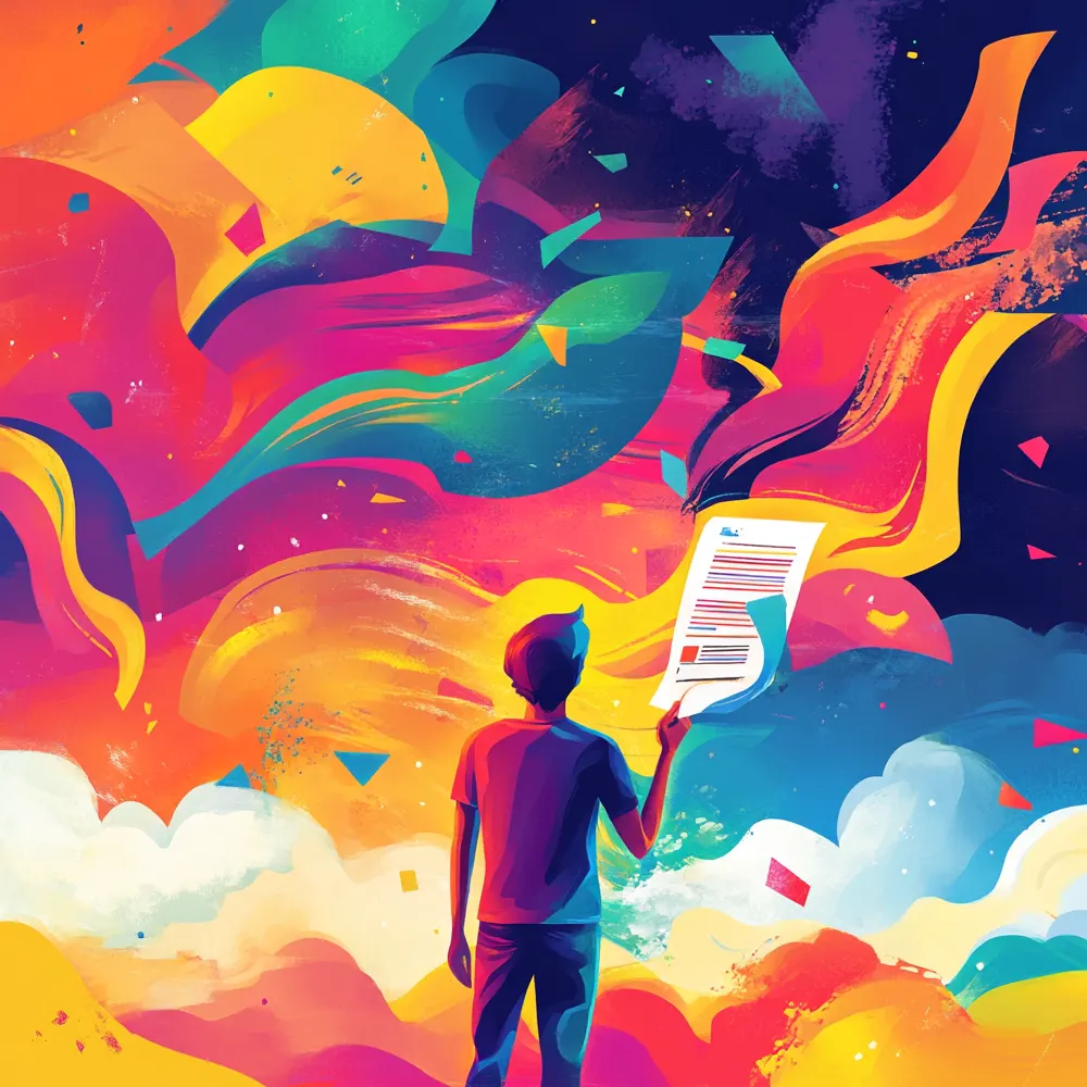 A man standing with sign up form on a colourful backdrop