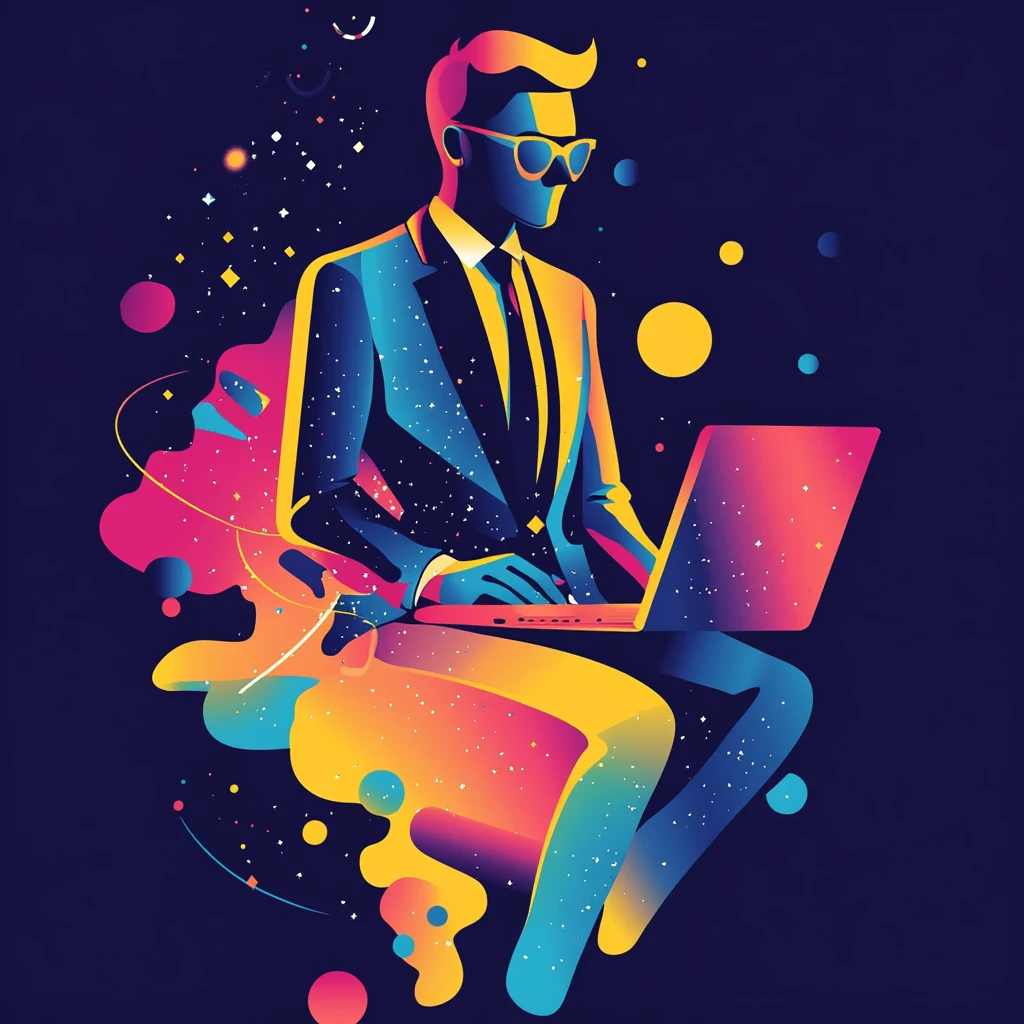 An abstract illustration of a business man wearing glasses working on his laptop Website Design Services