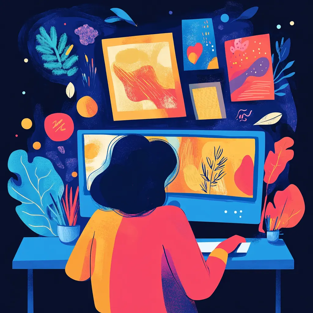 An illustration of looking at art on a computer