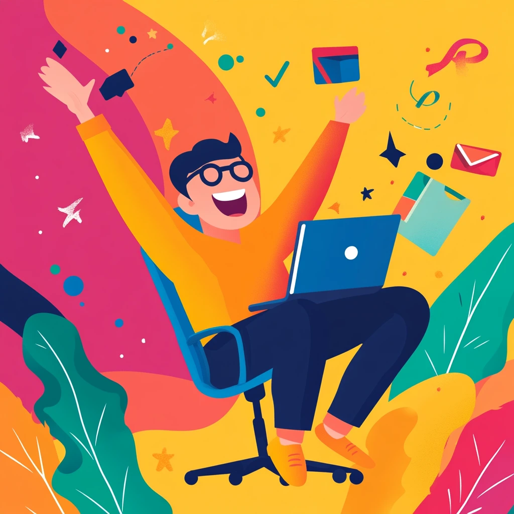 An illustration of a man with his laptop on his lap while he exclaims happily while sitting on a office chair