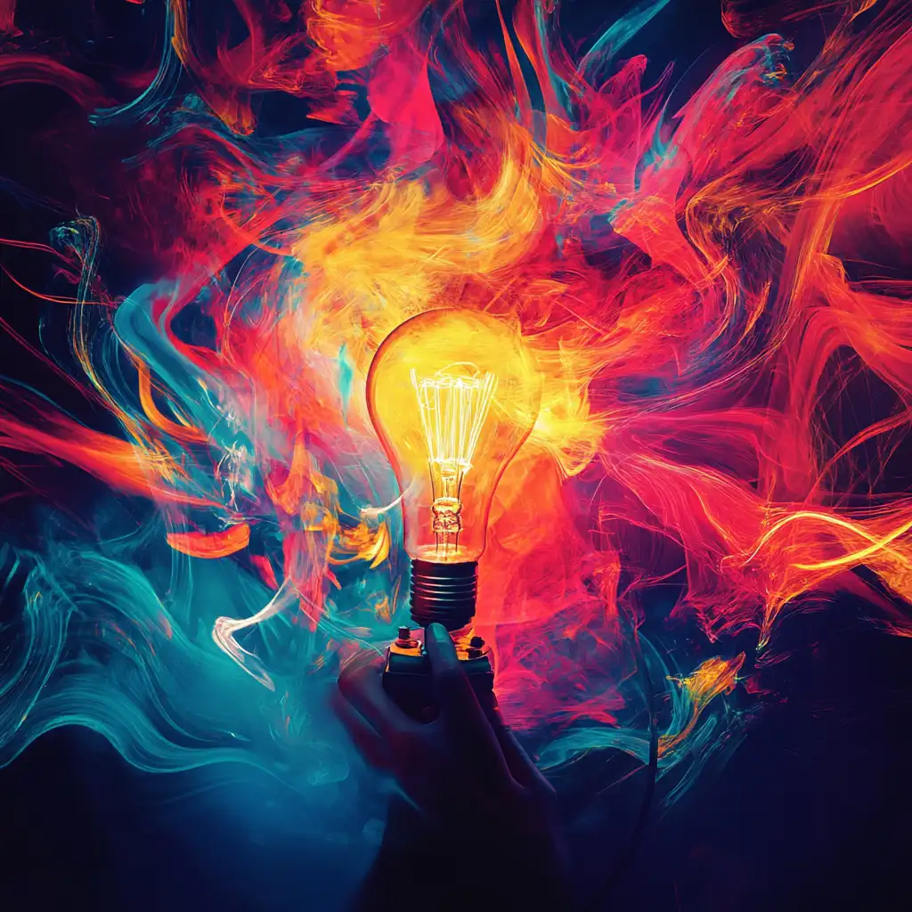 A hand holding a light bulb while colourful smoke dances around the light. Bespoke Custom Applications
