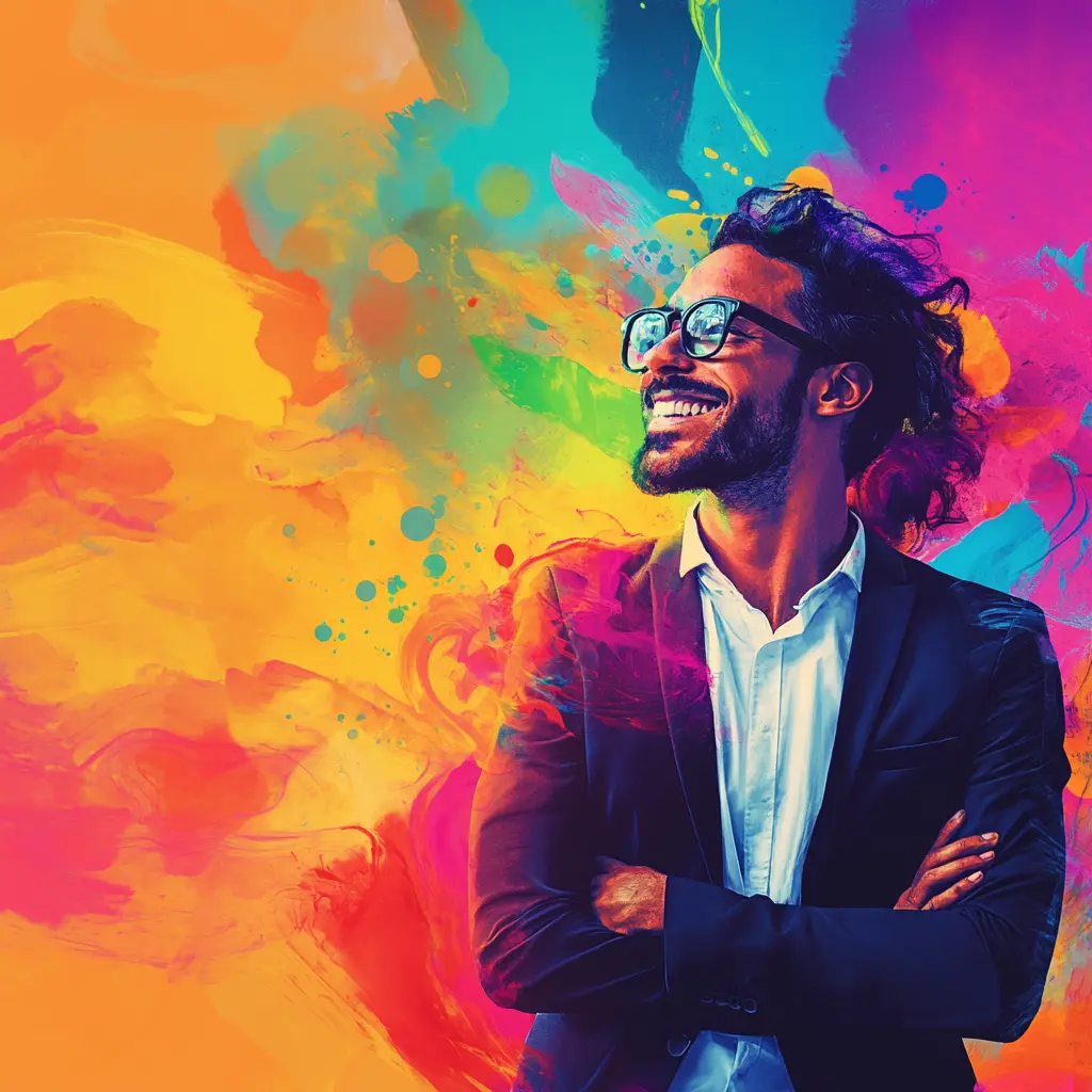 A man smiling in semi casual business attire with a colourful backdrop