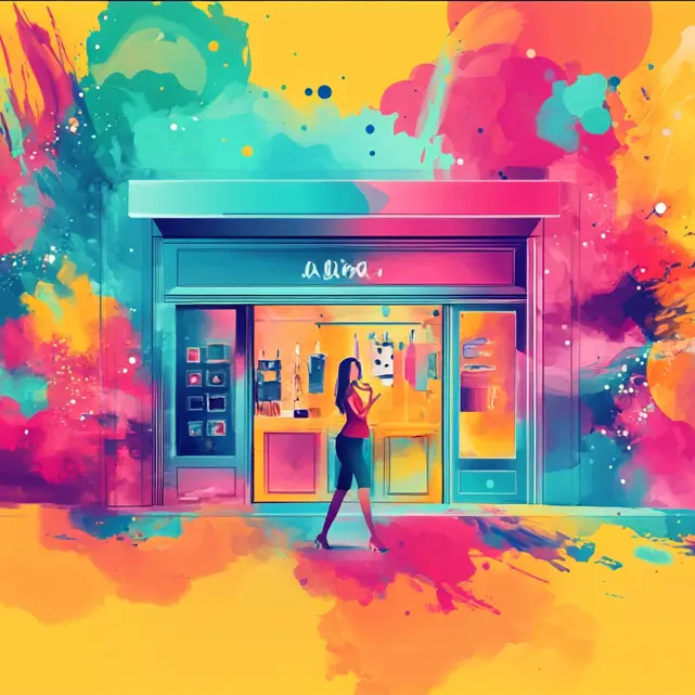 An colorful abstract scene of a woman walking in front of shop in the mall