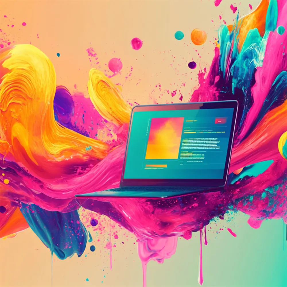 Laptop in front a colourful backdrop