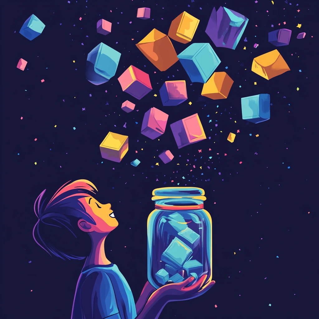An illustration of a happy boy watching coloured objects being sucked into a glass jar