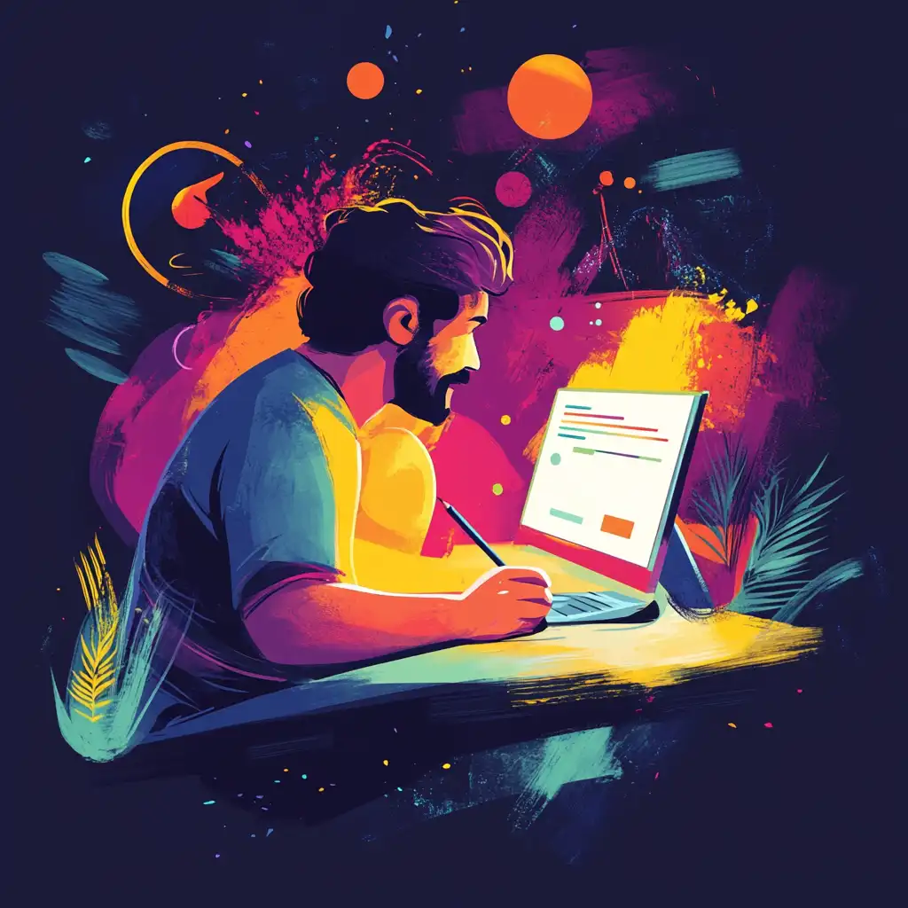 A man writing content on a piece of paper while he does research on his computer,