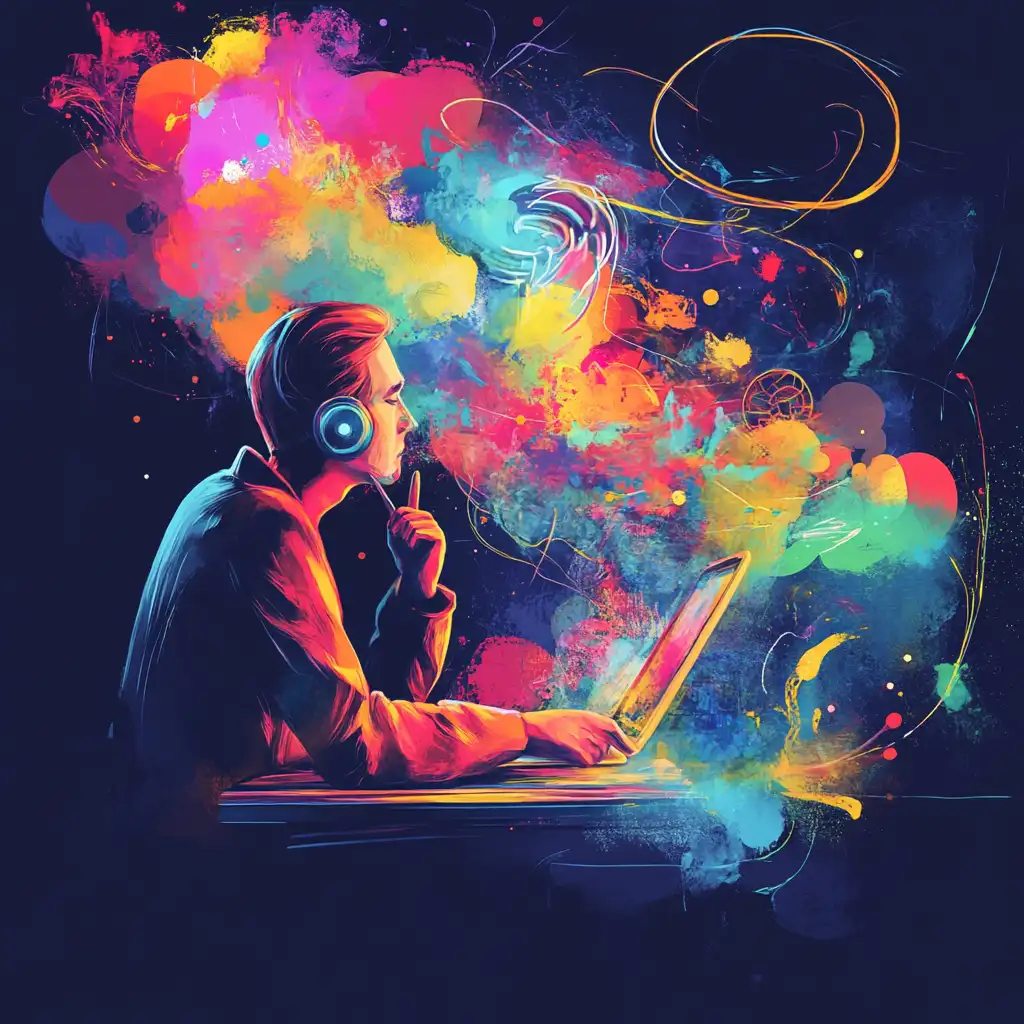 Man thinking deeply in front of his laptop while colours swirl above his head, Website Design Process
