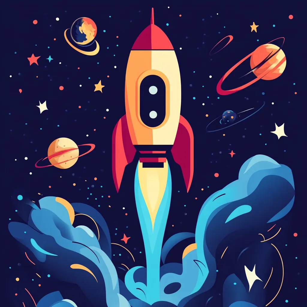 An illustration of of a rocket flying in space