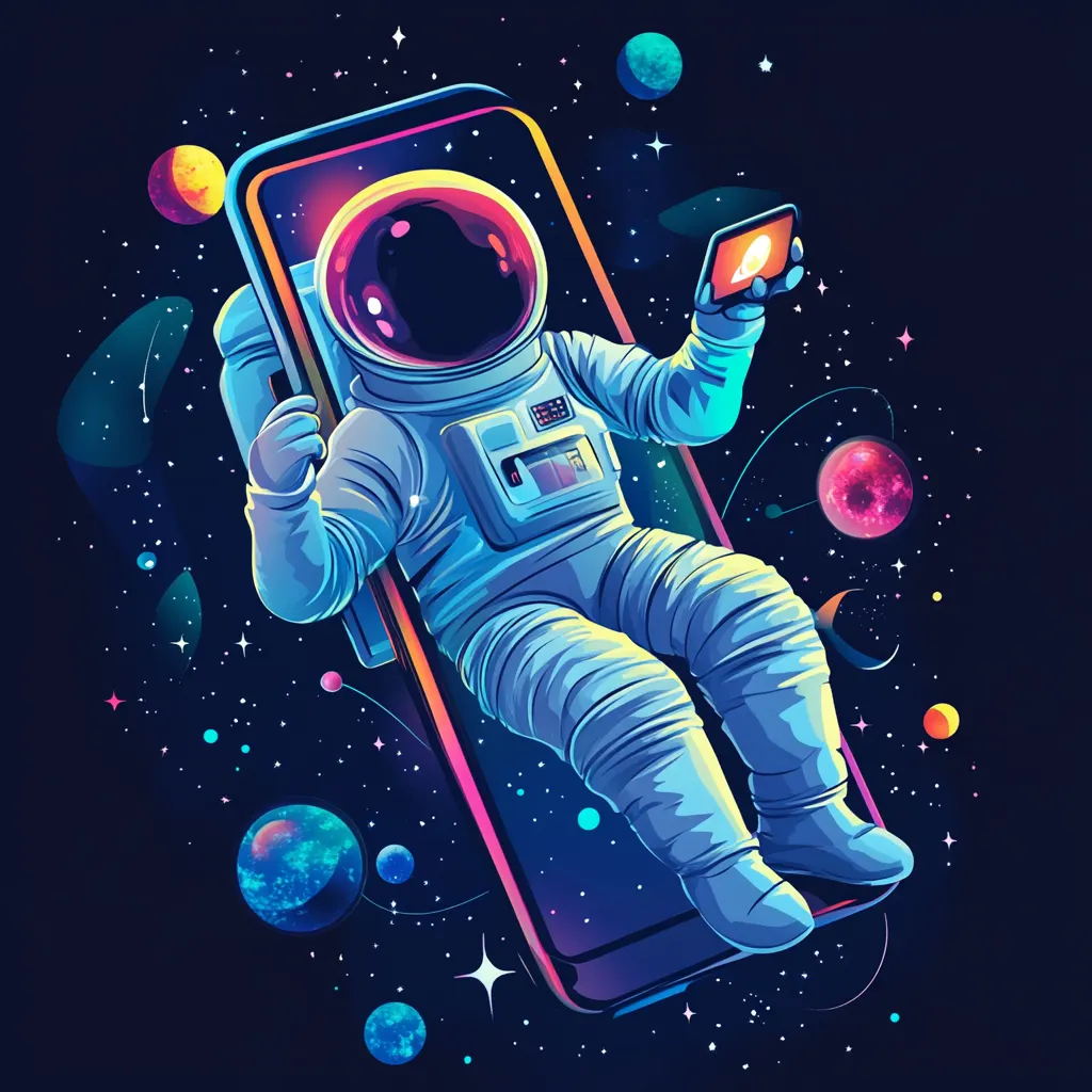 An illustration of of a astronaut sitting in the frame of a large phone in space