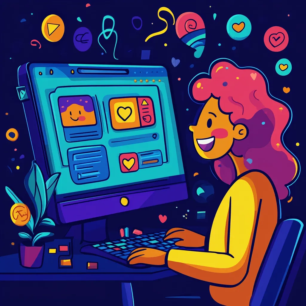 An illustration of happy woman using her computer