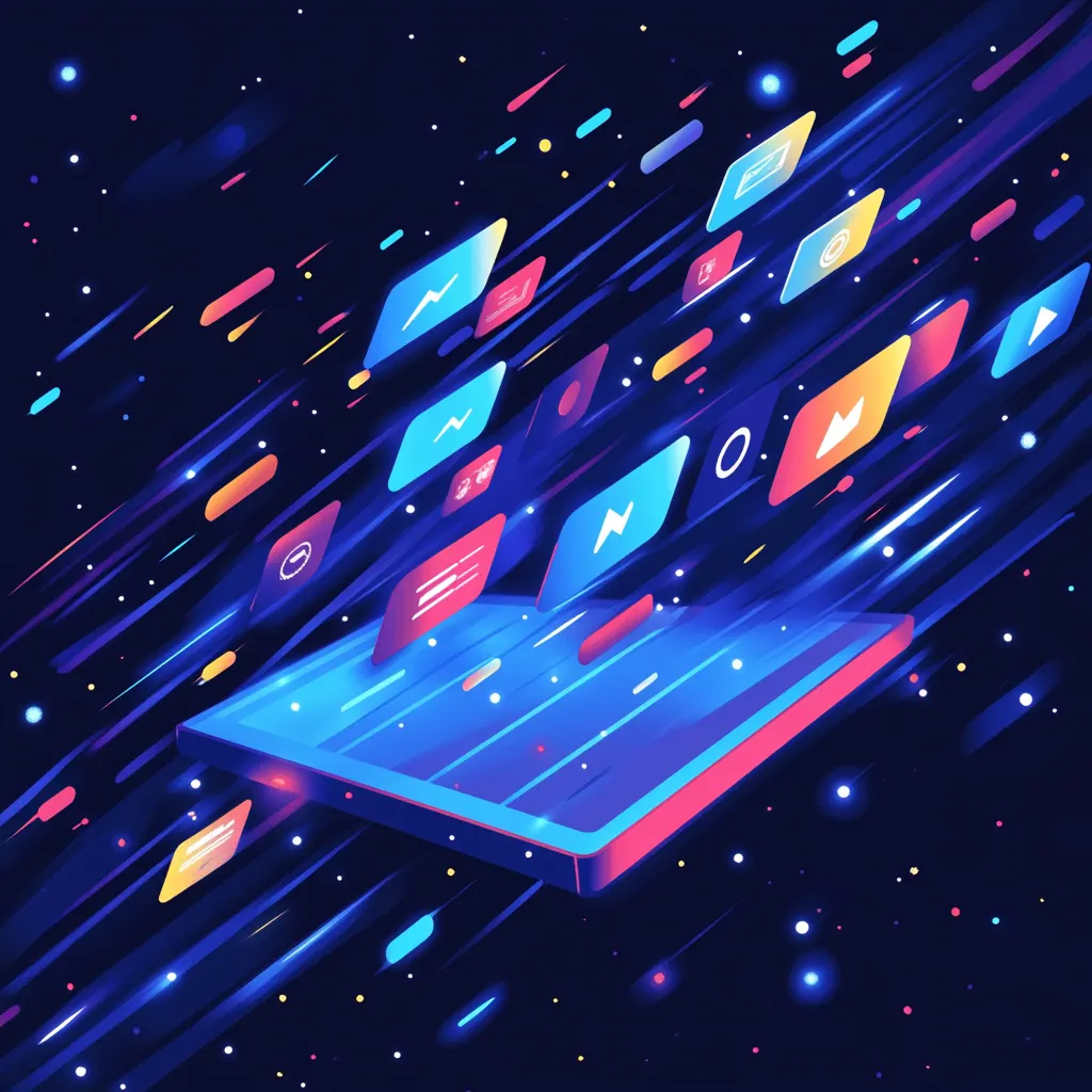 An illustration of of a mobile device with icons flying over above