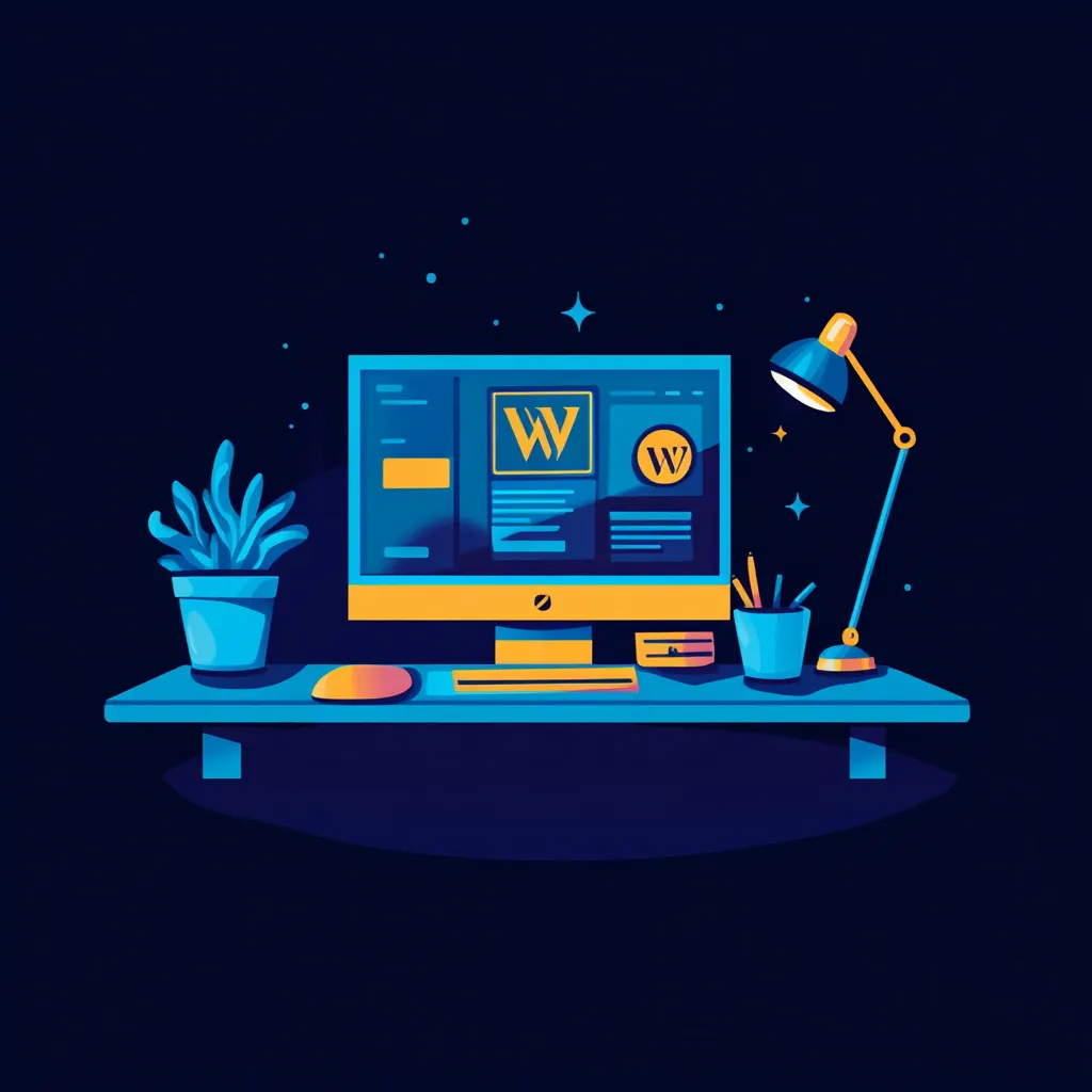 An illustration of a blue computer with yellow W on the screen
