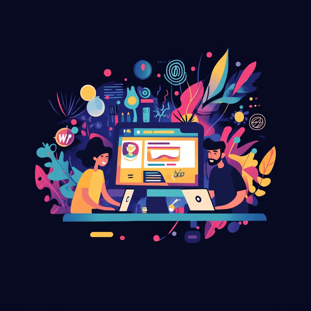 An illustration of two people on their laptops with a profile open of someone in the background