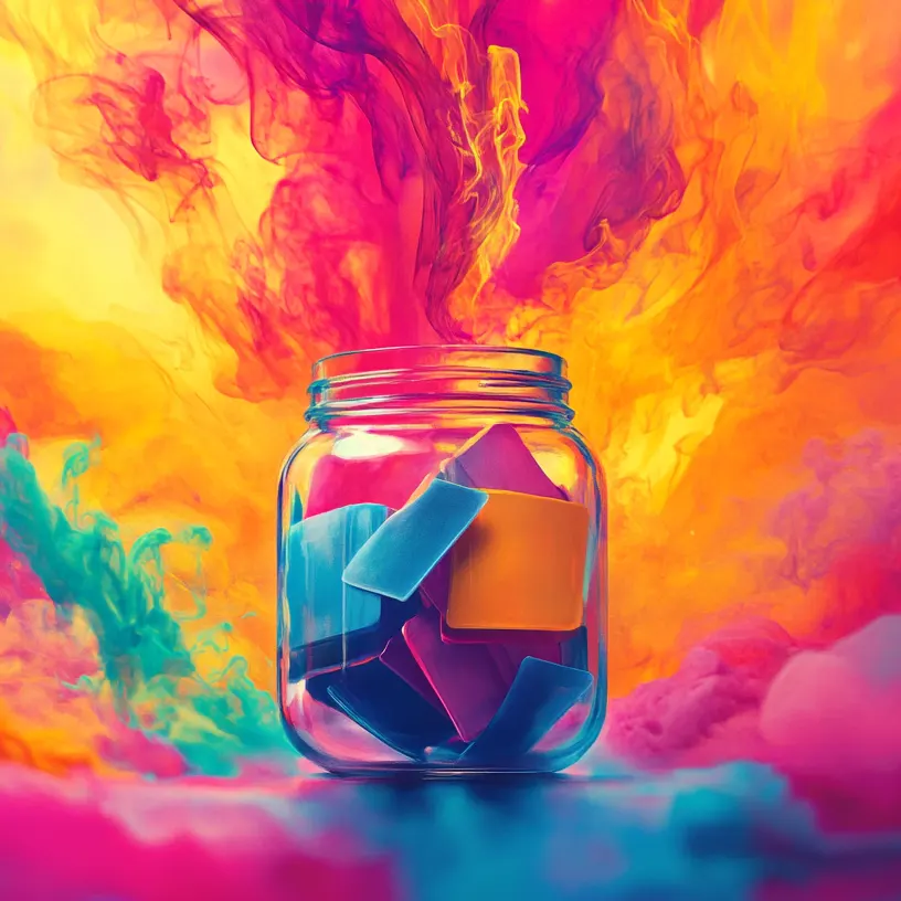 A glass jar with coloured cards inside of it with colourful smoke swirling around it