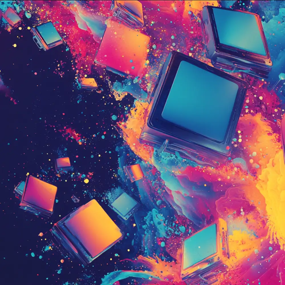 Computer screens exploding with coloruful dust