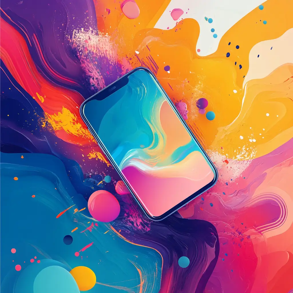 A illustration of a phone on a colourful background