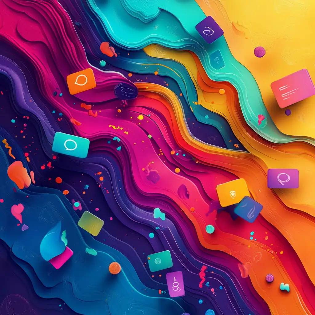 Layers of colours with chat icons floating above
