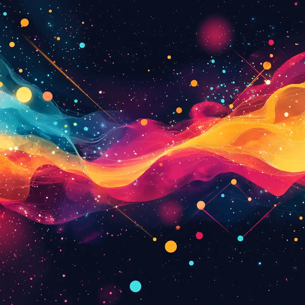 An abstract image of colourful waves in space with abstract coloured dots